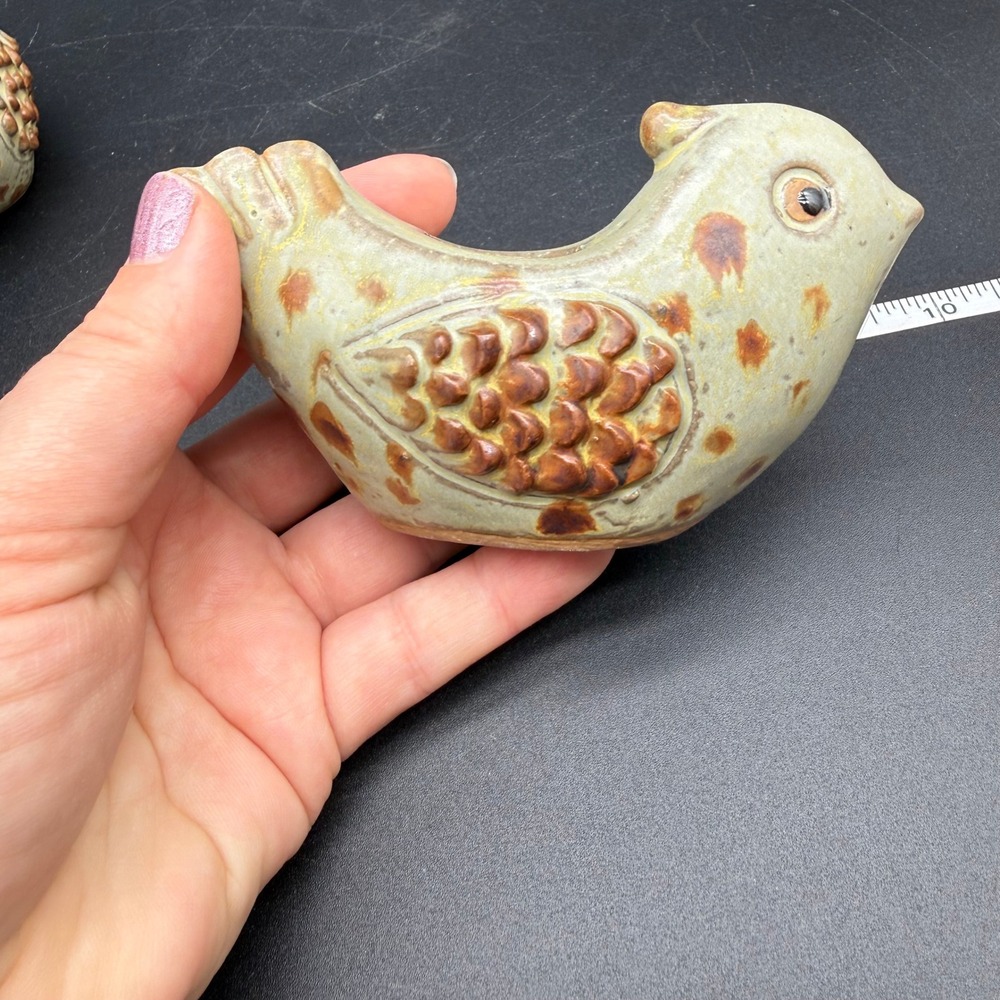 Vintage Ceramic Bird Candle Holders Pair Speckled Green Brown Glaze - Picture 2 of 8